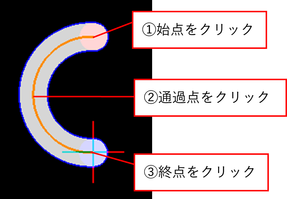 始点、通過点、終点の3点を通る円弧の加工経路を作成