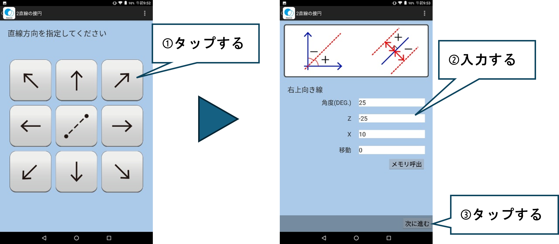 「斜め上右向きの矢印」をタップし、図面から読み取れる角度「25」、Z値「-25」、X値「10」を入力