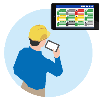 作業員がスマホで稼働状況を確認している